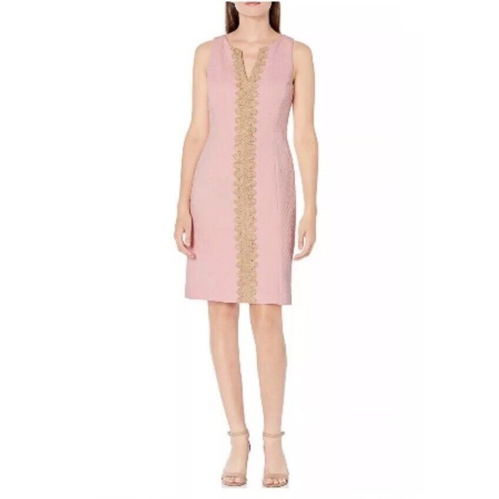 Pappagallo Shift The Brook Dress6 Mini Pink Gold Embroidered Overlay Sleeveless